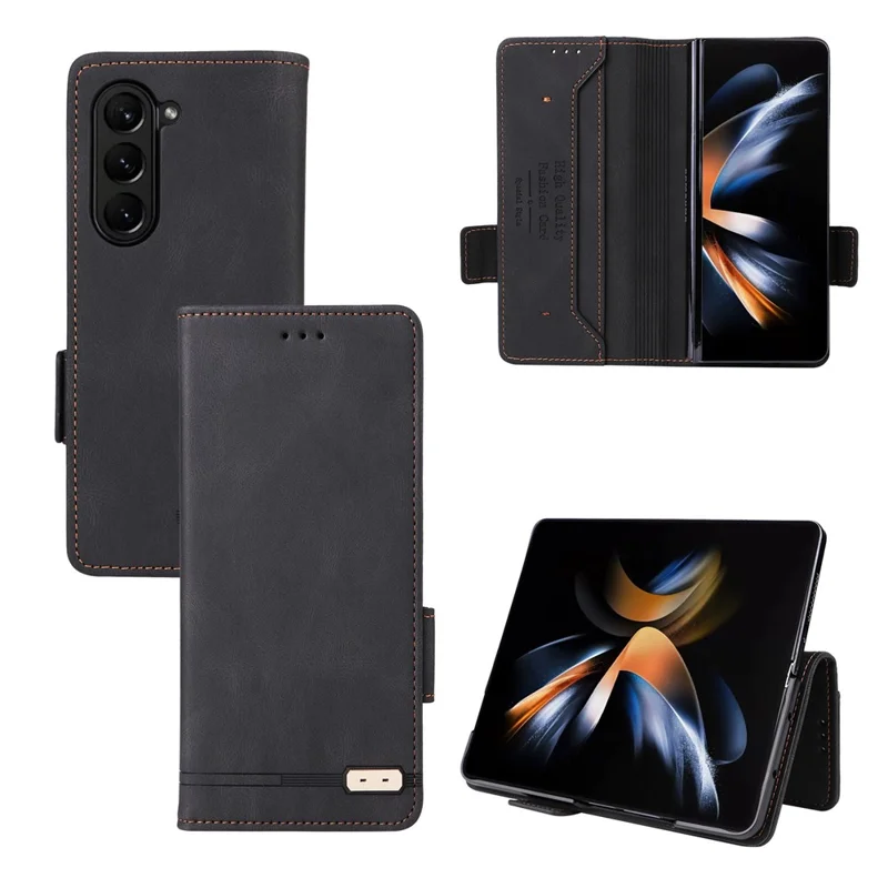 For Samsung Galaxy Z Fold5 5G Fall Proof Hardware Decor Phone Case PU Leather Wallet Stand Cover - Black