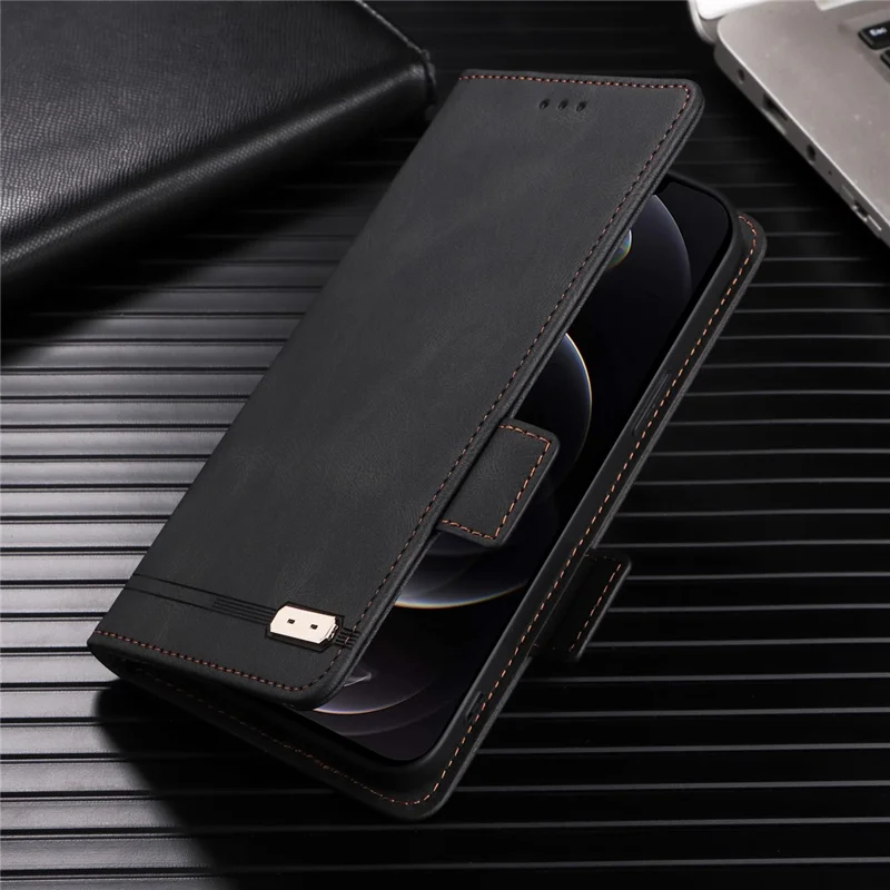 For Samsung Galaxy Z Fold5 5G Fall Proof Hardware Decor Phone Case PU Leather Wallet Stand Cover - Black