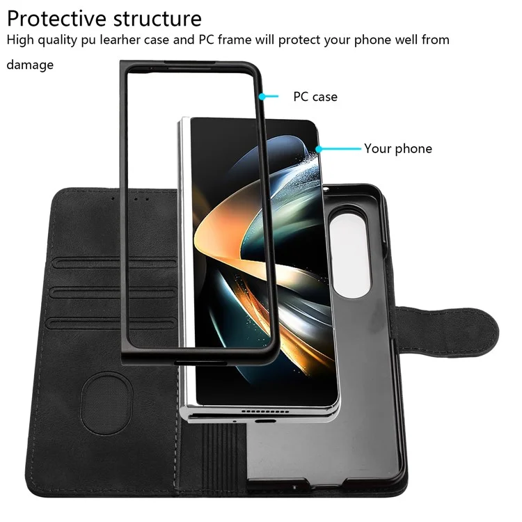 YX0040 Para Samsung Galaxy Z Fold5 5G Funda con Ranuras para Tarjetas Cubierta de Teléfono de Piel Sintética + PC Grabada - Negro
