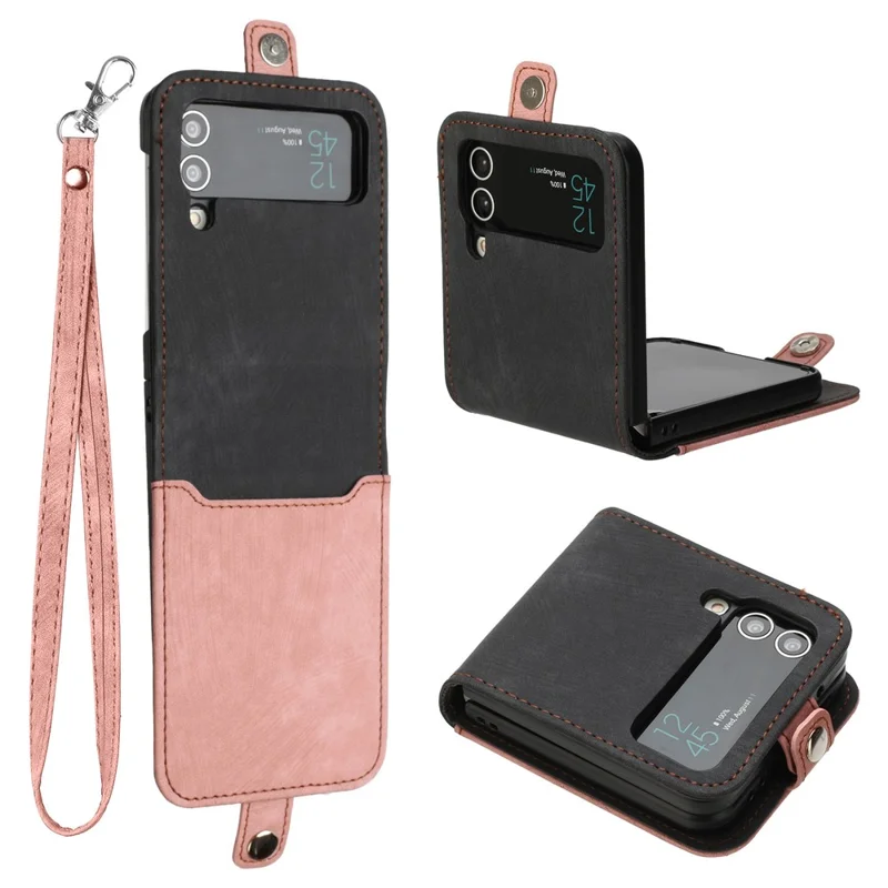 YX0020 For Samsung Galaxy Z Flip3 5G PU Leather+PC Case Card Holder Folding Phone Cover - Pink
