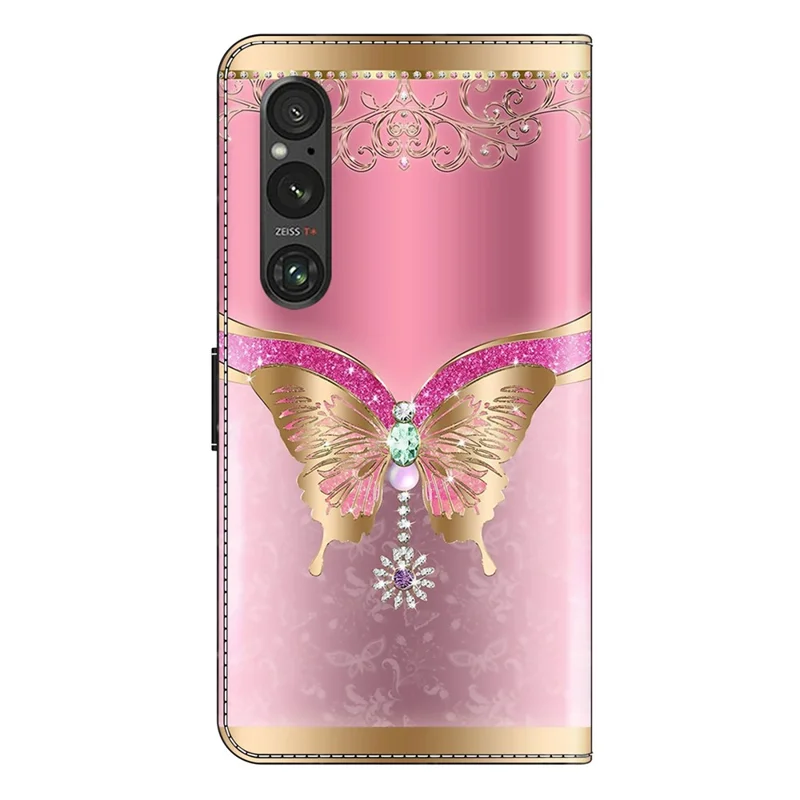 For Sony Xperia 1 V Wallet PU Leather Protective Case 3D Pattern Printing Stand Phone Cover - Pink / Gold Butterfly