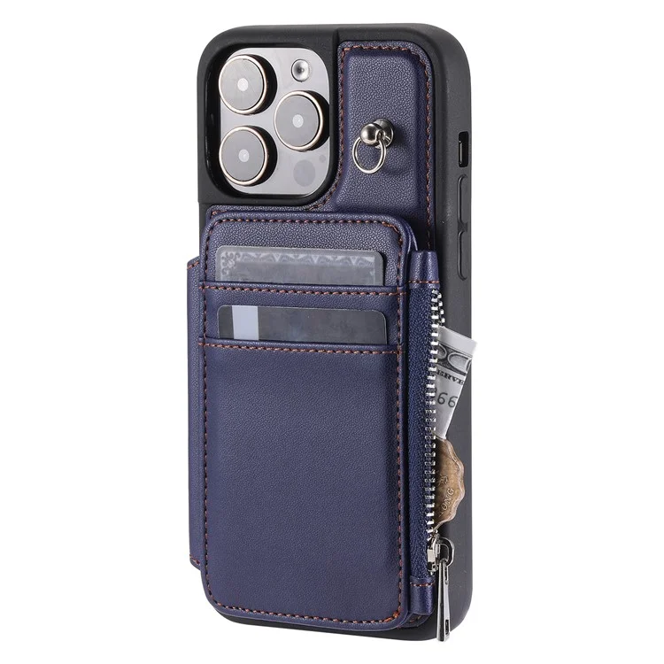 009 Kickstand Phone Case per iPhone 15 Pro, Portafoglio con Cerniera RFID Blocking PU+TPU Cover con Cinturino - Blu