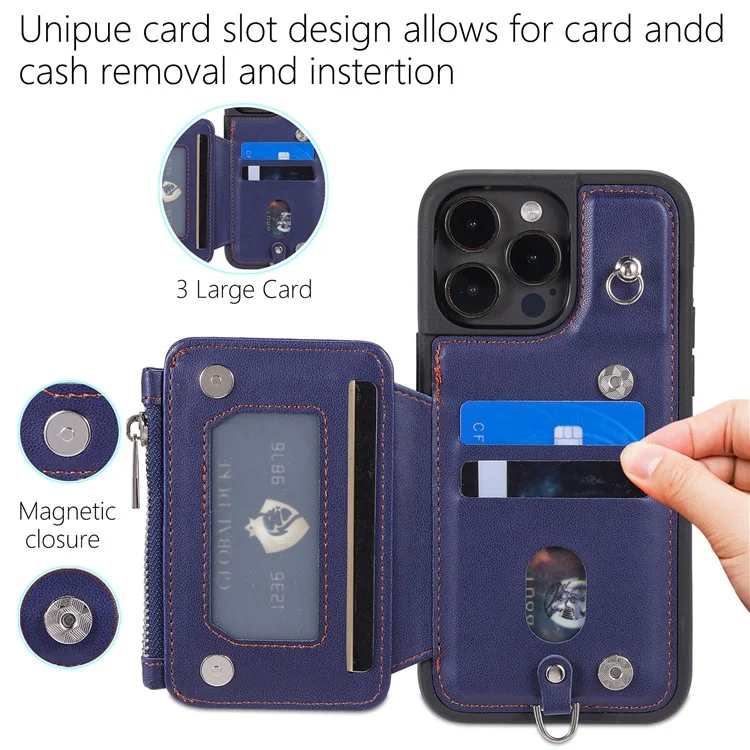 009 Kickstand Phone Case per iPhone 15 Pro, Portafoglio con Cerniera RFID Blocking PU+TPU Cover con Cinturino - Blu