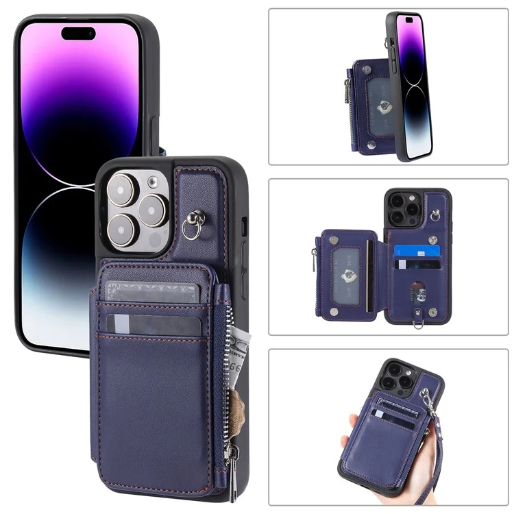 009 Kickstand Phone Case per iPhone 15 Pro, Portafoglio con Cerniera RFID Blocking PU+TPU Cover con Cinturino - Blu
