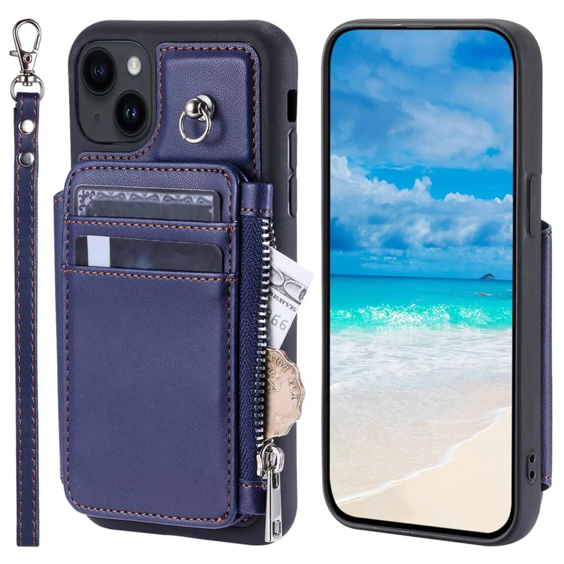 009 Anti-Scratch Phone Case for iPhone 15 , Wallet RFID Blocking PU+TPU Cover Kickstand Zipper Shell with Strap - Blue
