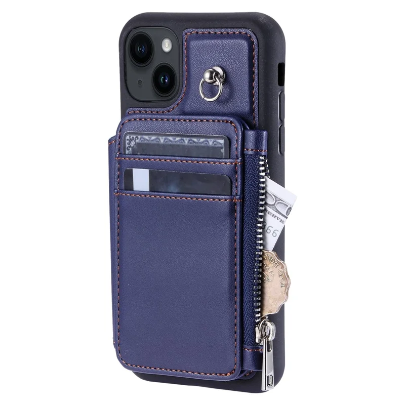 009 Anti-Scratch Phone Case for iPhone 15 , Wallet RFID Blocking PU+TPU Cover Kickstand Zipper Shell with Strap - Blue