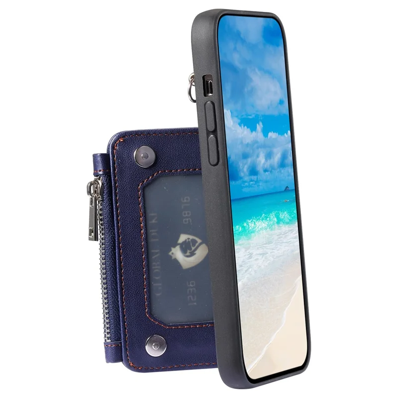 009 Anti-Scratch Phone Case for iPhone 15 , Wallet RFID Blocking PU+TPU Cover Kickstand Zipper Shell with Strap - Blue
