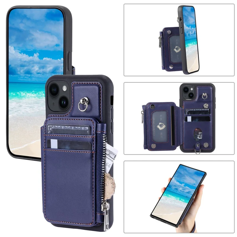 009 Anti-Scratch Phone Case for iPhone 15 , Wallet RFID Blocking PU+TPU Cover Kickstand Zipper Shell with Strap - Blue
