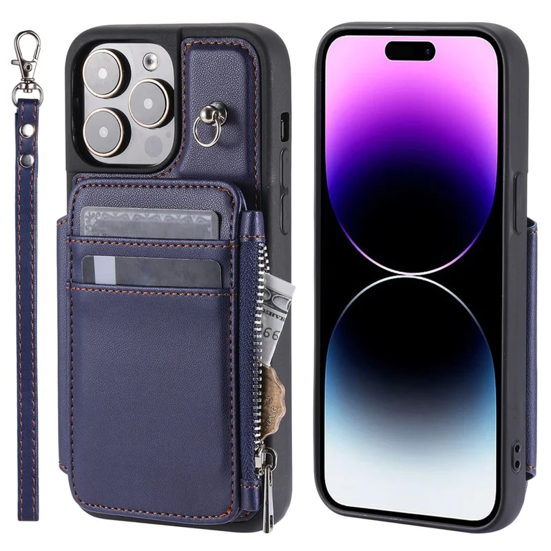 009 Protection Cover for iPhone 15 Pro Max , RFID Blocking PU+TPU Case Kickstand Zipper Wallet Shell with Strap - Blue