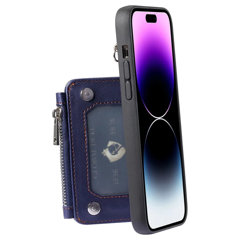 009 Protection Cover for iPhone 15 Pro Max , RFID Blocking PU+TPU Case Kickstand Zipper Wallet Shell with Strap - Blue