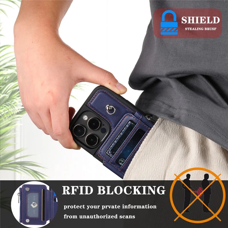 009 Protection Cover for iPhone 15 Pro Max , RFID Blocking PU+TPU Case Kickstand Zipper Wallet Shell with Strap - Blue