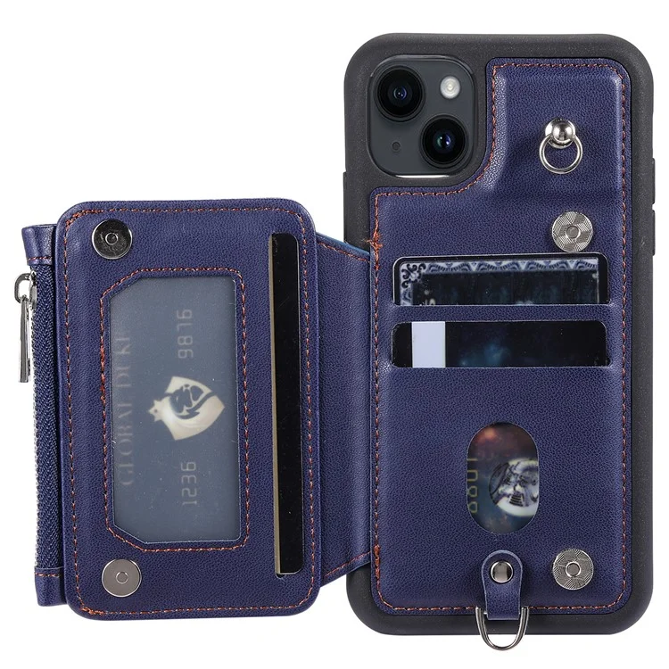 009 Cell Phone Case für iPhone 15 Plus, Kickstand Zipper Wallet RFID-Blocking PU+TPU Cover mit Gurt - Blau