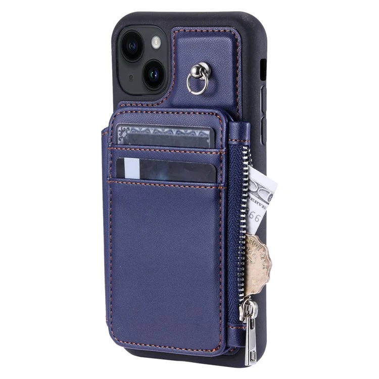 009 Cell Phone Case für iPhone 15 Plus, Kickstand Zipper Wallet RFID-Blocking PU+TPU Cover mit Gurt - Blau