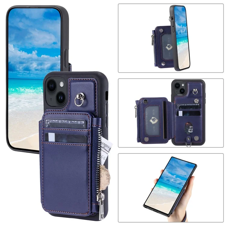 009 Cell Phone Case für iPhone 15 Plus, Kickstand Zipper Wallet RFID-Blocking PU+TPU Cover mit Gurt - Blau
