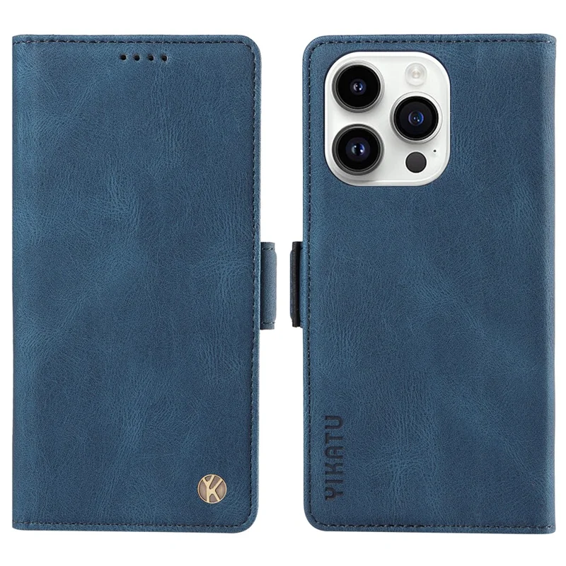 YIKATU YK-005 Cell Phone Case for iPhone 15 Pro , PU Leather Shell Magnetic Skin-touch Wallet Stand Cover - Blue
