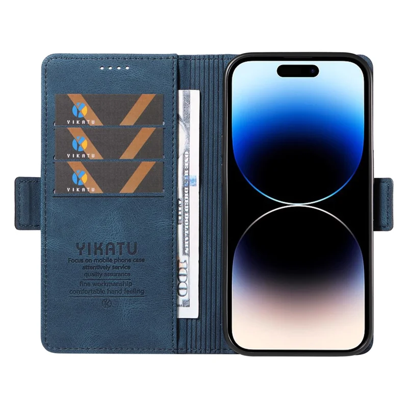 YIKATU YK-005 Cell Phone Case for iPhone 15 Pro , PU Leather Shell Magnetic Skin-touch Wallet Stand Cover - Blue