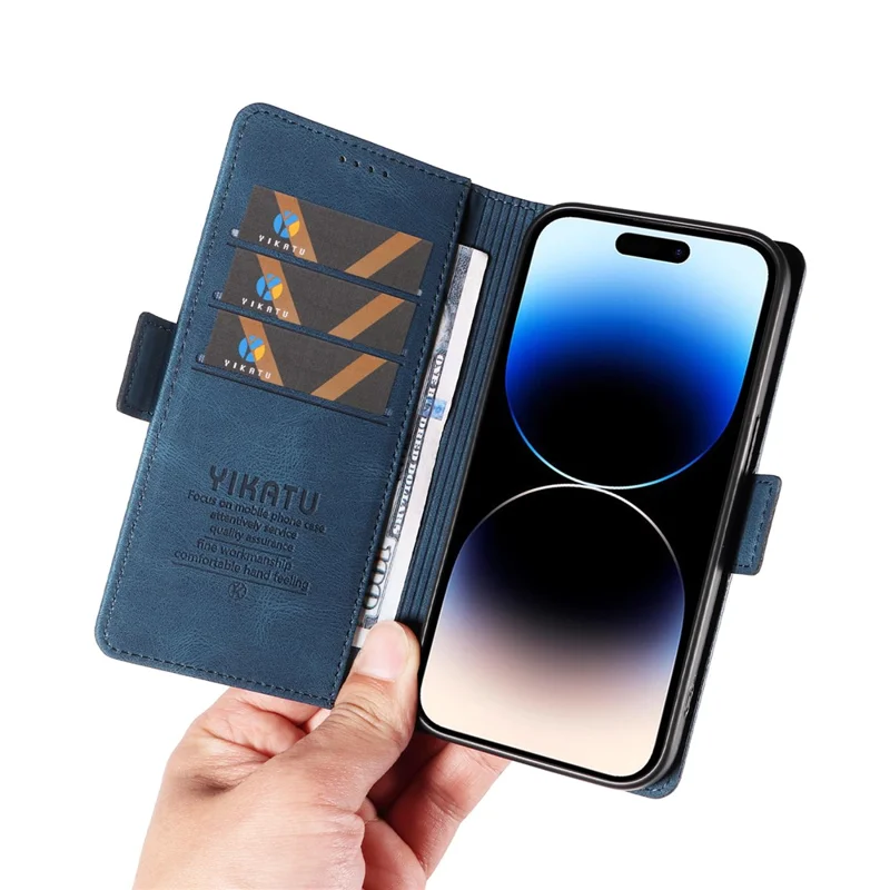 YIKATU YK-005 Cell Phone Case for iPhone 15 Pro , PU Leather Shell Magnetic Skin-touch Wallet Stand Cover - Blue