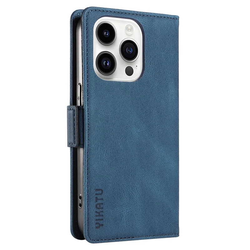 YIKATU YK-005 Cell Phone Case for iPhone 15 Pro , PU Leather Shell Magnetic Skin-touch Wallet Stand Cover - Blue