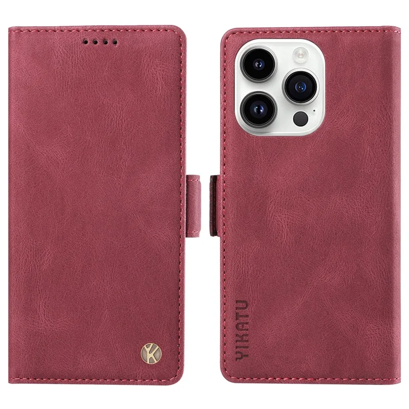 YIKATU YK-005 Cell Phone Case for iPhone 15 Pro , PU Leather Shell Magnetic Skin-touch Wallet Stand Cover - Wine Red