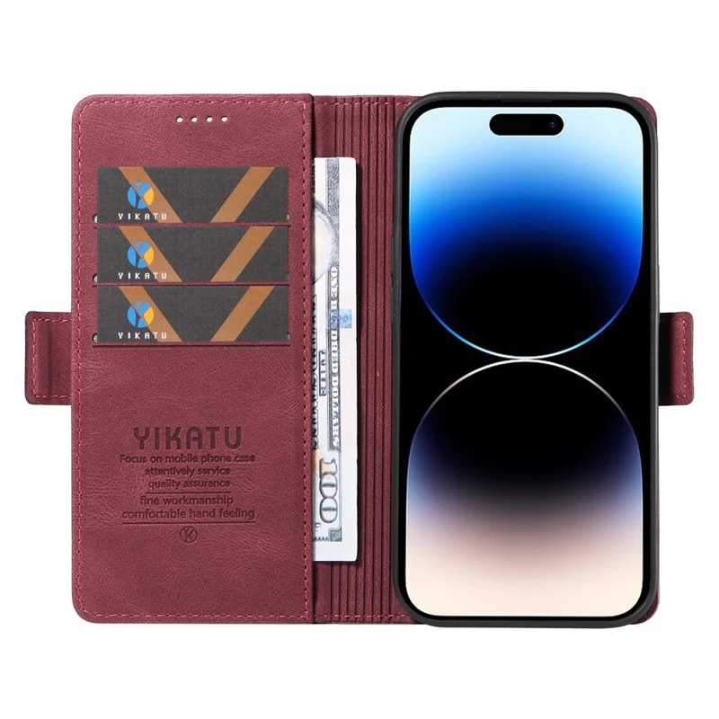 YIKATU YK-005 Cell Phone Case for iPhone 15 Pro , PU Leather Shell Magnetic Skin-touch Wallet Stand Cover - Wine Red