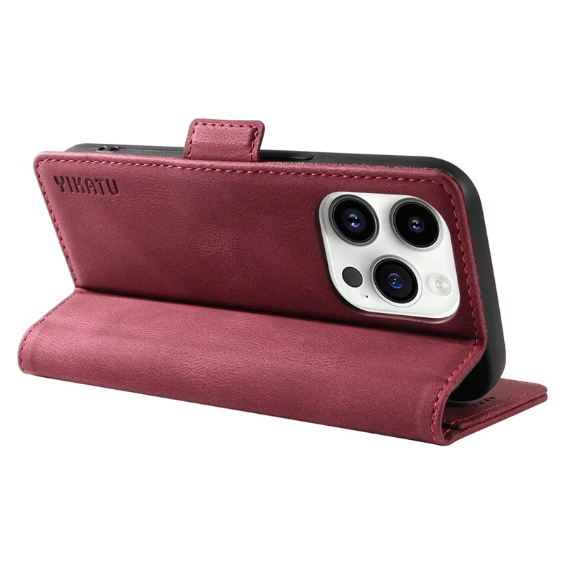 YIKATU YK-005 Cell Phone Case for iPhone 15 Pro , PU Leather Shell Magnetic Skin-touch Wallet Stand Cover - Wine Red