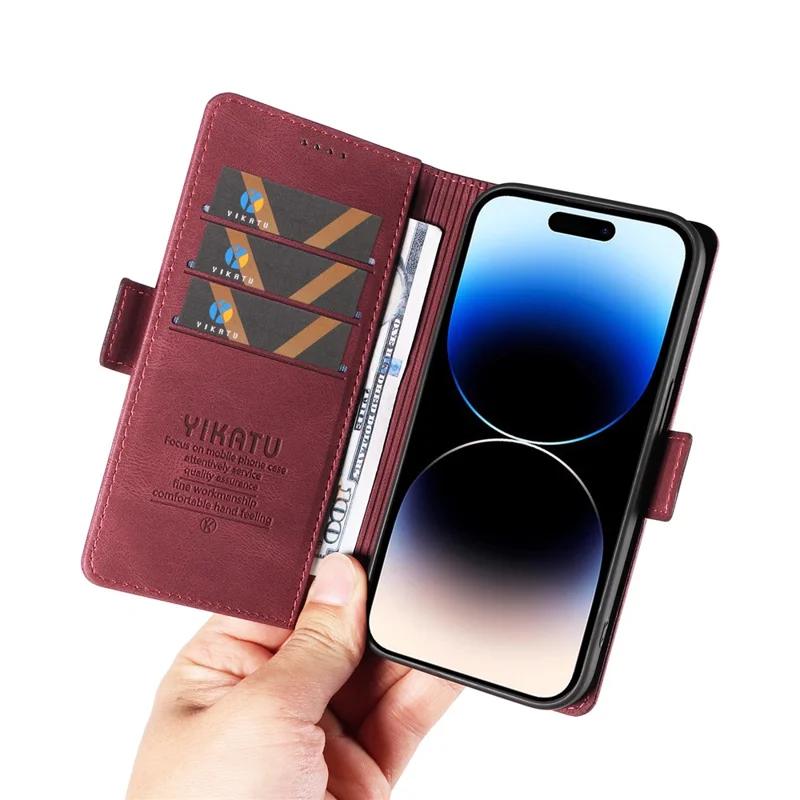 YIKATU YK-005 Cell Phone Case for iPhone 15 Pro , PU Leather Shell Magnetic Skin-touch Wallet Stand Cover - Wine Red
