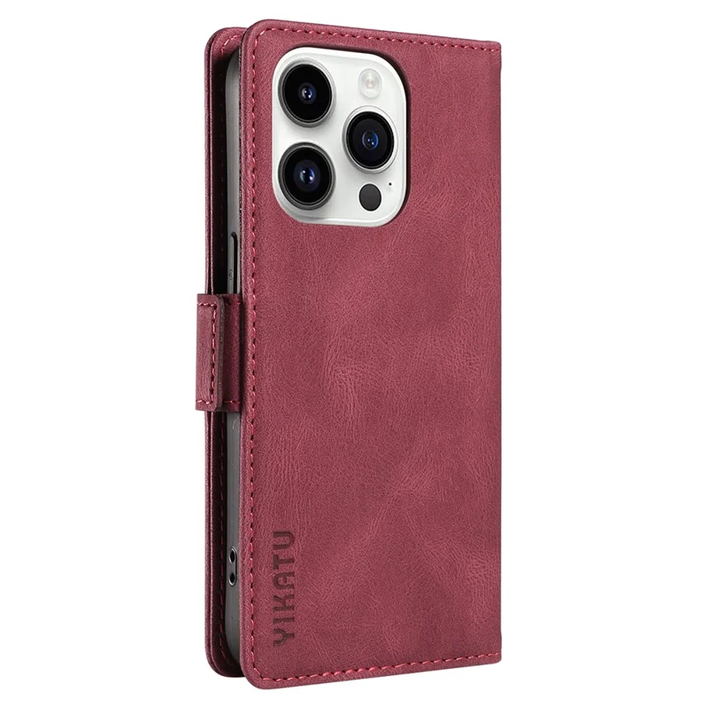 YIKATU YK-005 Cell Phone Case for iPhone 15 Pro , PU Leather Shell Magnetic Skin-touch Wallet Stand Cover - Wine Red