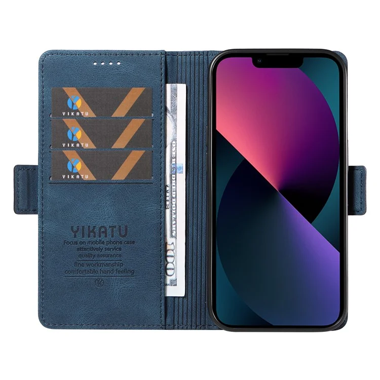 YIKATU YK-005 For iPhone 15 Plus Anti-Scratch Shell PU Leather Phone Case Stand Cover Skin-touch Shockproof Wallet - Blue