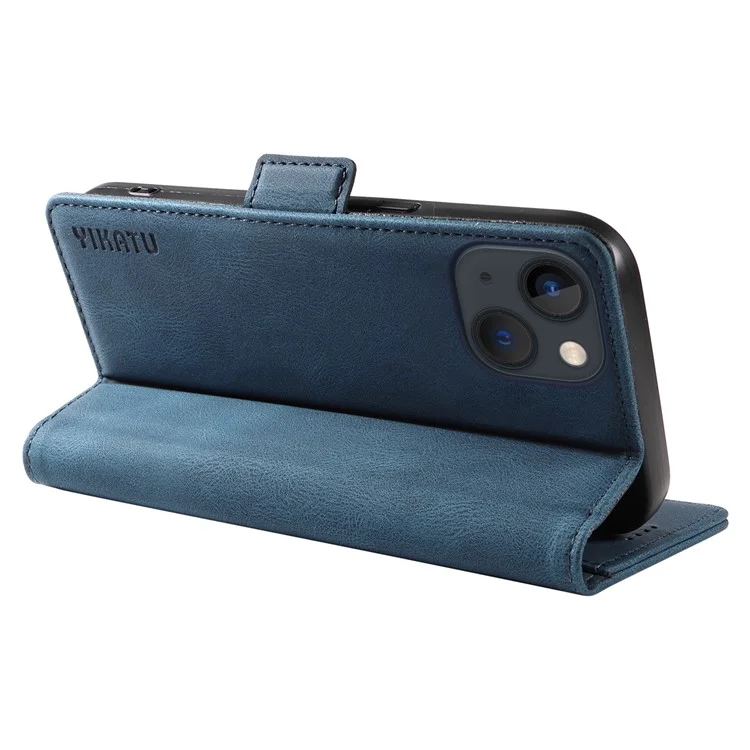 YIKATU YK-005 For iPhone 15 Plus Anti-Scratch Shell PU Leather Phone Case Stand Cover Skin-touch Shockproof Wallet - Blue