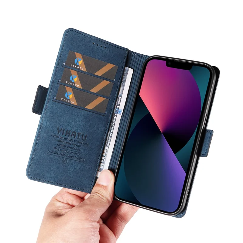 YIKATU YK-005 für iPhone 15 Skin-Touch-PU-Leder-Handyhülle, stoßfest, mit Geldbörse und Ständer - Blau
