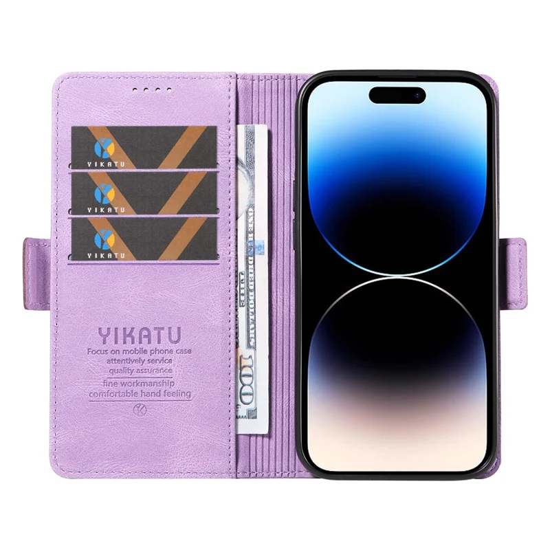 YIKATU YK-005 PU Leather Phone Case for iPhone 15 Pro Max , Skin-touch Shockproof Wallet Stand Cover - Purple