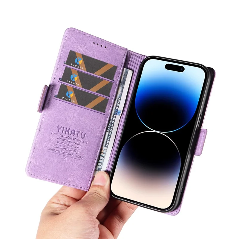 YIKATU YK-005 PU Leather Phone Case for iPhone 15 Pro Max , Skin-touch Shockproof Wallet Stand Cover - Purple