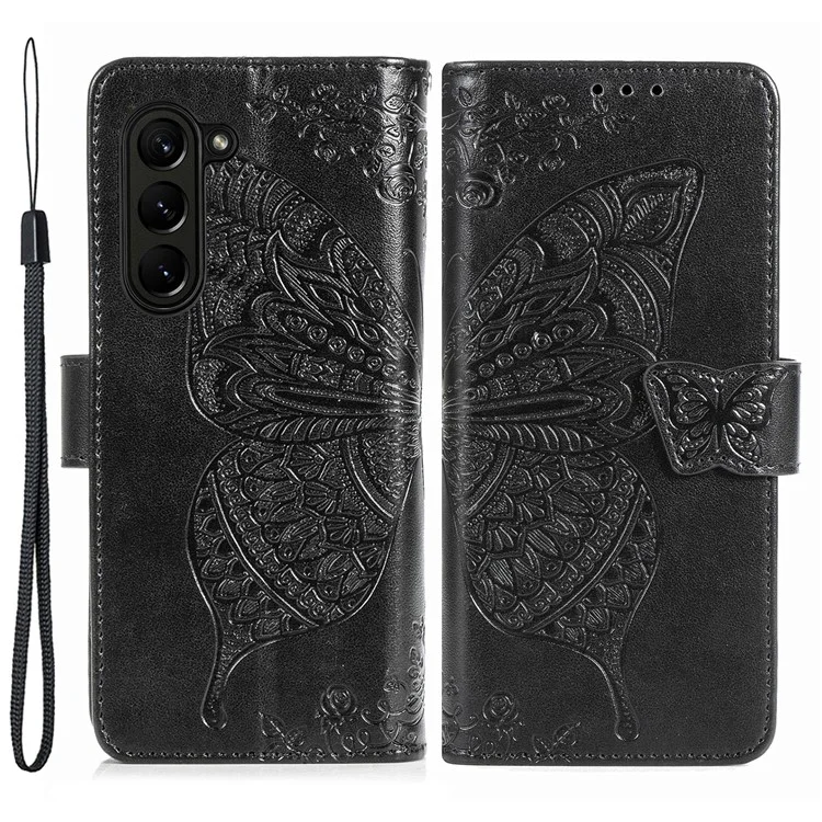 Для Samsung Galaxy Z Fold5 5G Butterfly Imprinted Stand Wallet Case PU Leather Fully Wrapped Phone Cover - Черный