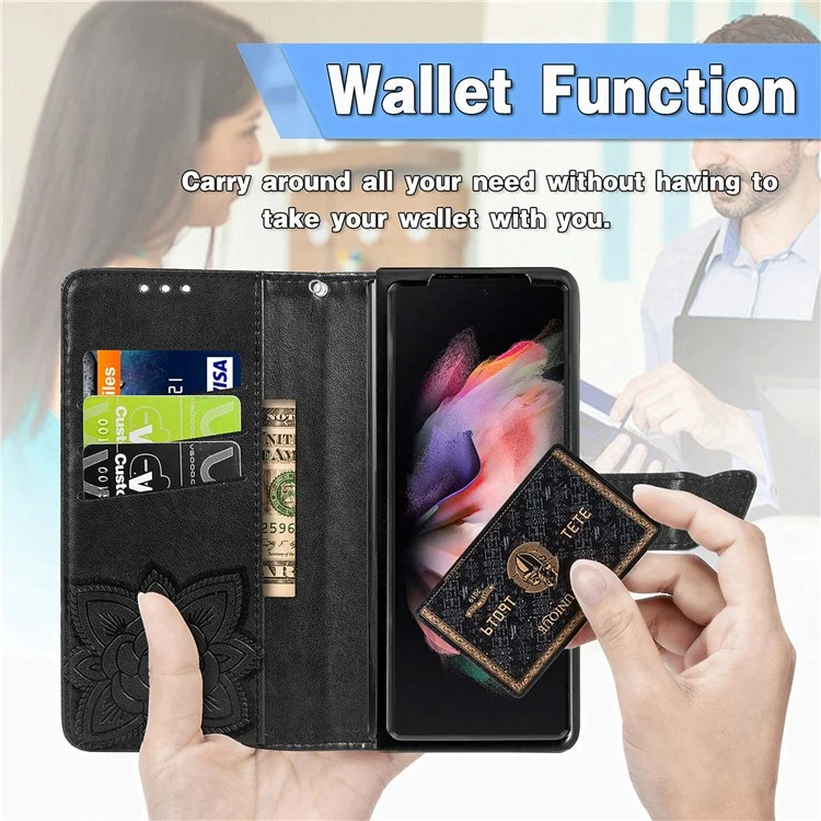 Для Samsung Galaxy Z Fold5 5G Butterfly Imprinted Stand Wallet Case PU Leather Fully Wrapped Phone Cover - Черный