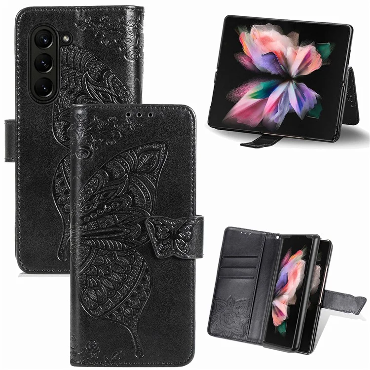 Для Samsung Galaxy Z Fold5 5G Butterfly Imprinted Stand Wallet Case PU Leather Fully Wrapped Phone Cover - Черный