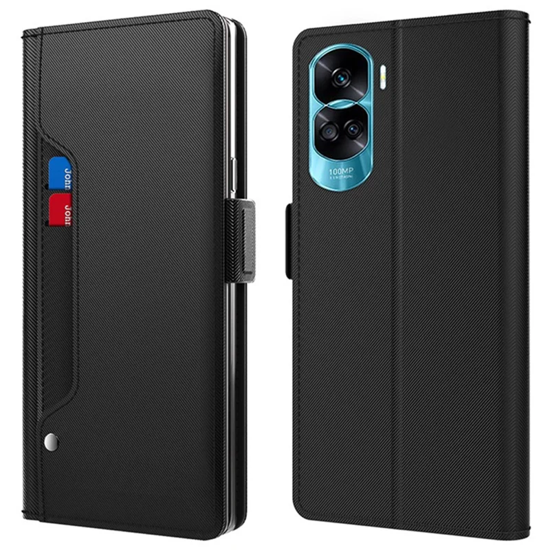 For Honor 90 Lite 5G / X50i 5G Foldable Stand Leather Cover Phone Case with Card Slot and Mirror - Black
