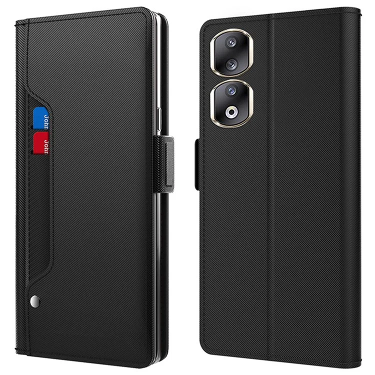 For Honor 90 Pro Viewing Stand Leather Cover Phone Case with Card Slot and Mirror - Negro