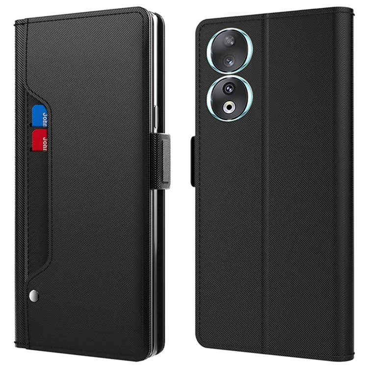 Stand Shell pour Honor 90 Étui de protection en cuir résistant aux chutes avec fente pour carte et miroir - Noir