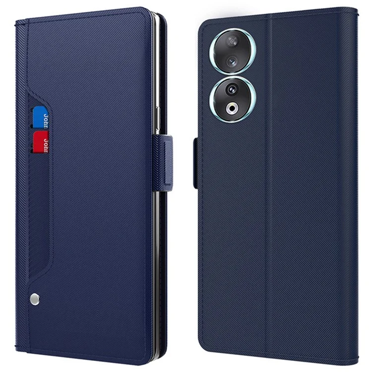 Stand Shell for Honor 90 Drop Resistant Leather Cover Phone Case with Card Slot and Mirror - Blue