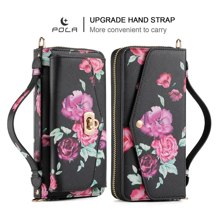 POLA Style 001 para iPhone 15 Funda desmontable de 2 en 1 con diseño de flores RFID Bloqueo de cartera de piel de imitación - Negro