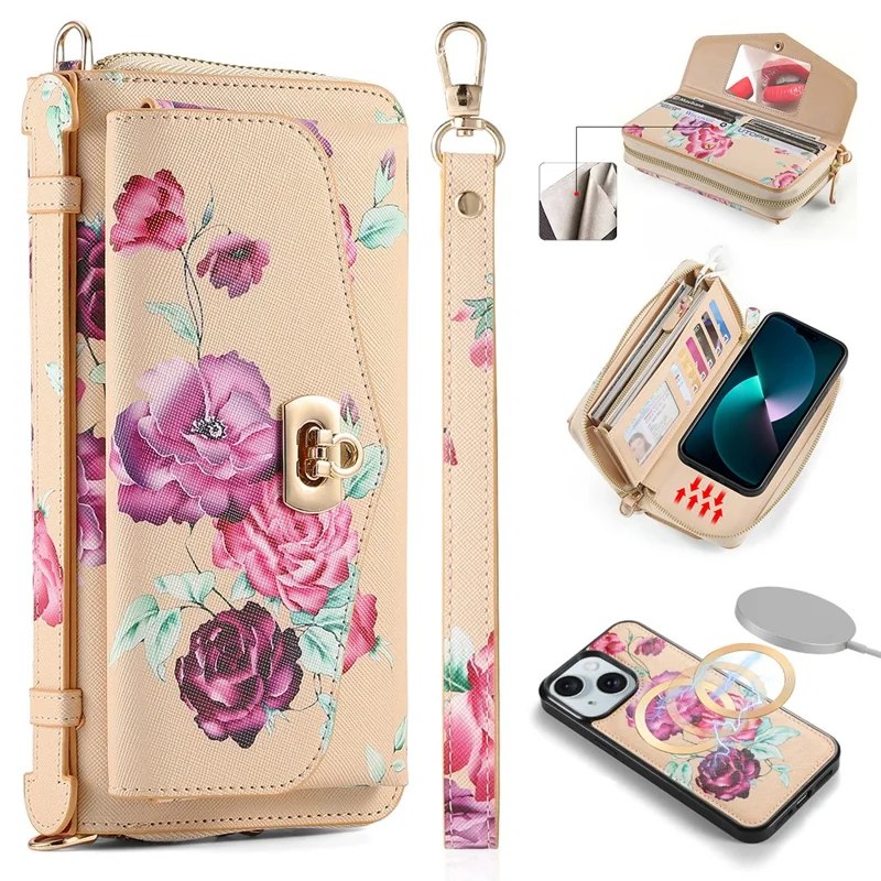 POLA Style 001 For iPhone 15 Detachable 2-in-1 Phone Case with Flower Pattern RFID Blocking PU Leather Wallet - Yellow