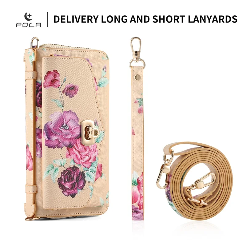 POLA Style 001 For iPhone 15 Detachable 2-in-1 Phone Case with Flower Pattern RFID Blocking PU Leather Wallet - Yellow