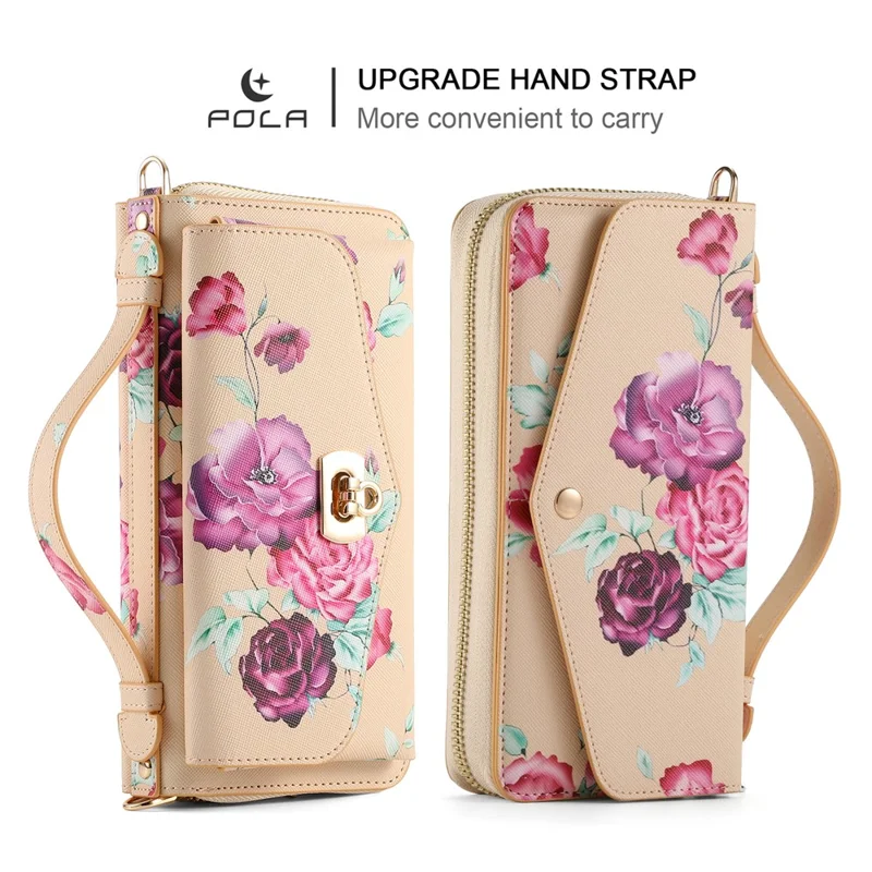 POLA Style 001 For iPhone 15 Detachable 2-in-1 Phone Case with Flower Pattern RFID Blocking PU Leather Wallet - Yellow