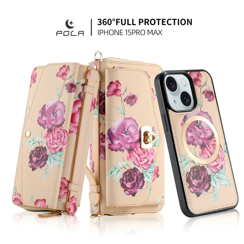 POLA Style 001 For iPhone 15 Detachable 2-in-1 Phone Case with Flower Pattern RFID Blocking PU Leather Wallet - Yellow