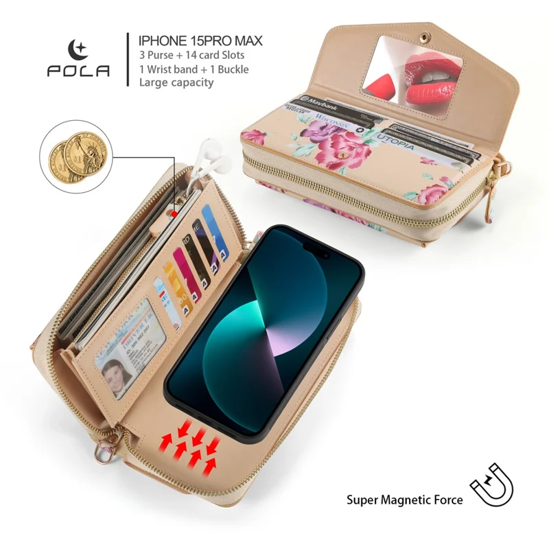 POLA Style 001 For iPhone 15 Detachable 2-in-1 Phone Case with Flower Pattern RFID Blocking PU Leather Wallet - Yellow