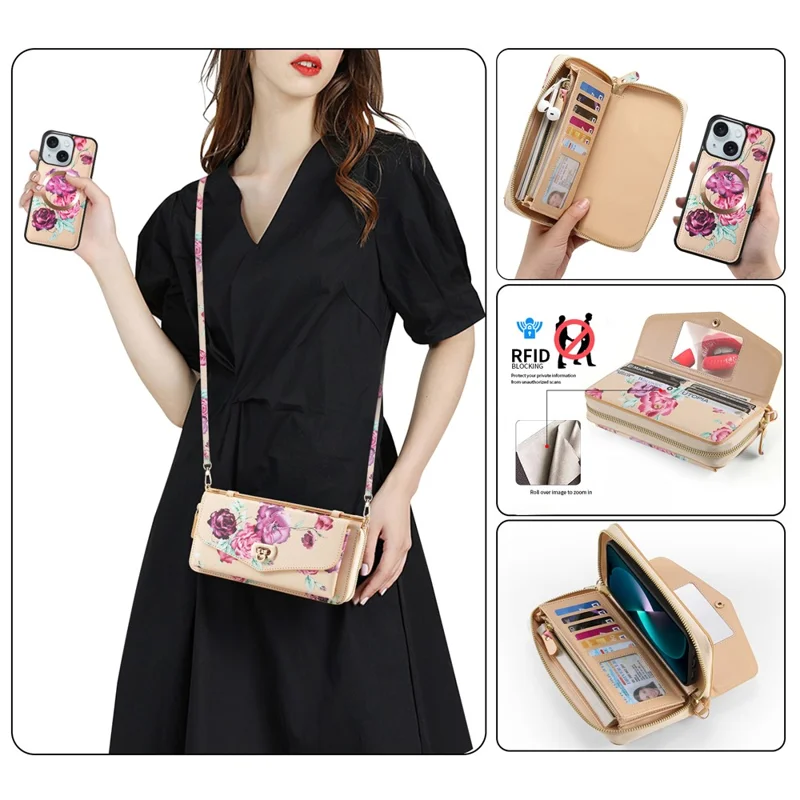 POLA Style 001 For iPhone 15 Detachable 2-in-1 Phone Case with Flower Pattern RFID Blocking PU Leather Wallet - Yellow