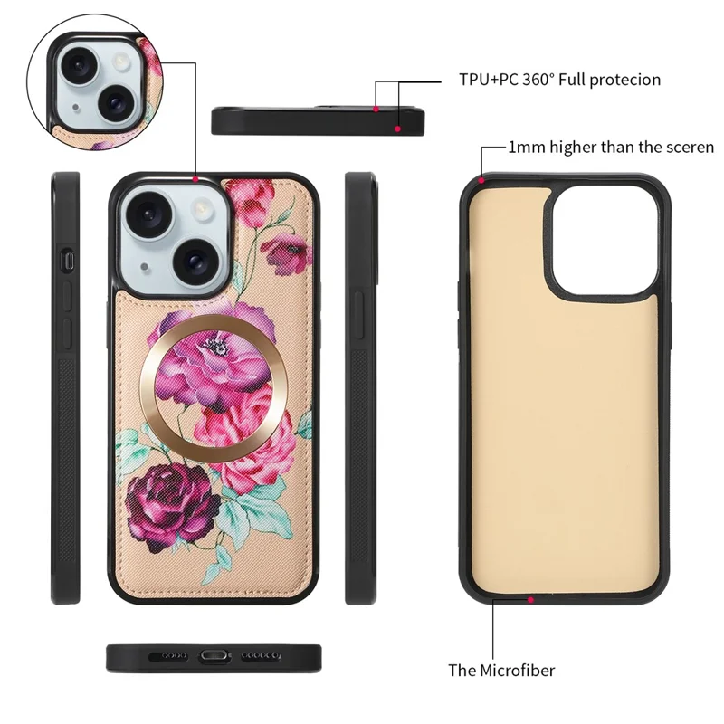 POLA Style 001 For iPhone 15 Detachable 2-in-1 Phone Case with Flower Pattern RFID Blocking PU Leather Wallet - Yellow