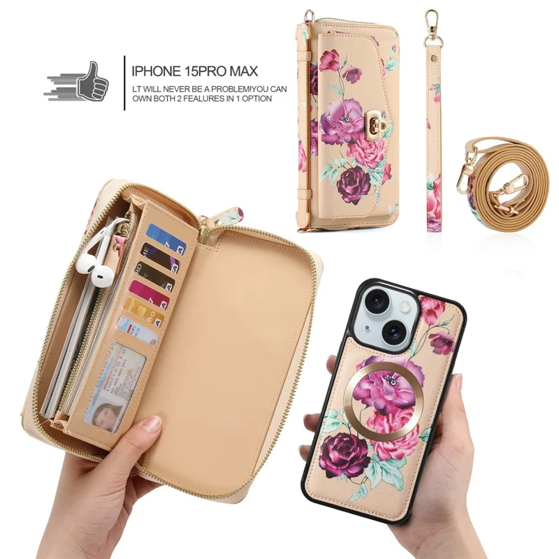 POLA Style 001 For iPhone 15 Detachable 2-in-1 Phone Case with Flower Pattern RFID Blocking PU Leather Wallet - Yellow