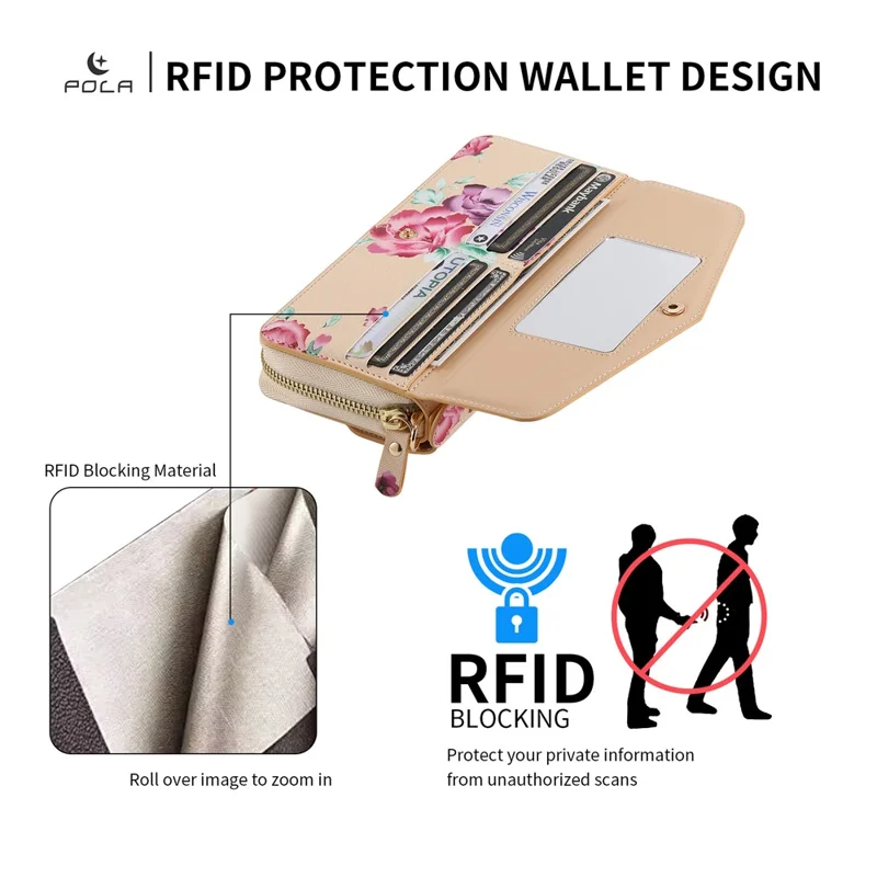 POLA Style 001 For iPhone 15 Detachable 2-in-1 Phone Case with Flower Pattern RFID Blocking PU Leather Wallet - Yellow