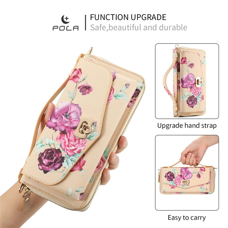 POLA Style 001 For iPhone 15 Detachable 2-in-1 Phone Case with Flower Pattern RFID Blocking PU Leather Wallet - Yellow